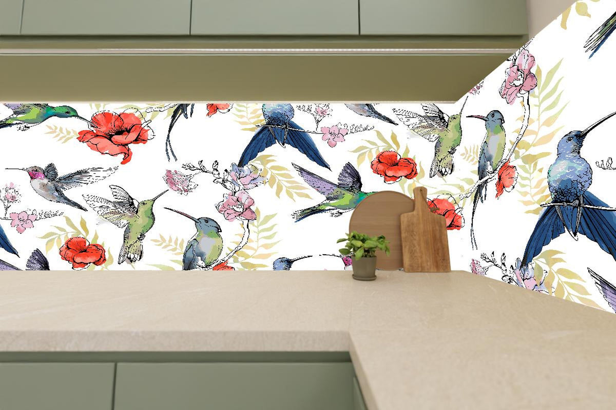 Küchenrückwand - Buntes Kolibri-Blüten Muster Design