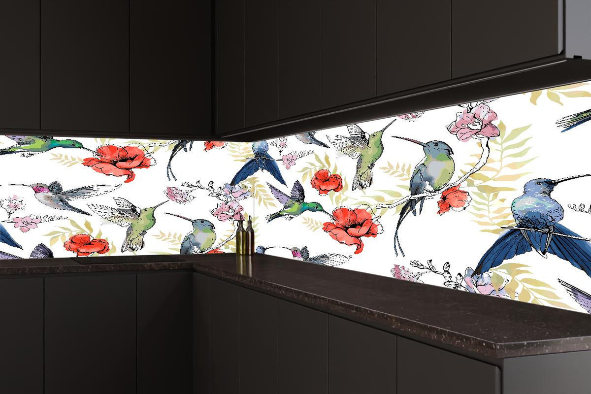 Küchenrückwand - Buntes Kolibri-Blüten Muster Design