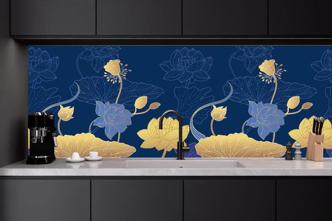 Küchenrückwand - Dekorative Blumen Tapetenillustration Nachtblau