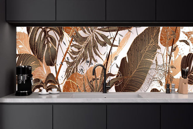 Küchenrückwand - Dekoratives Blatt-Design in warmen Erdtönen