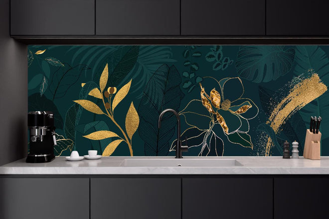 Küchenrückwand - Dekoratives Blattwerk Dunkelgrün mit Goldakzenten