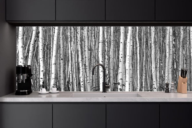 Küchenrückwand - Detaillierte Schwarz-Weiß Baumsilhouetten