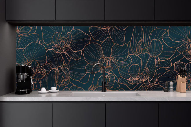Küchenrückwand - Dunkelblaue Orchideen Muster Tapete