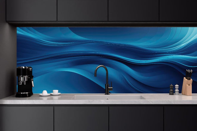 Küchenrückwand - Dynamische abstrakte Wellen in tiefem Blau