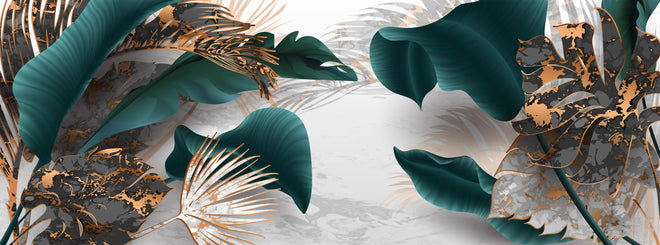 Küchenrückwand - Edles Blattwerk in Grün mit Goldakzenten