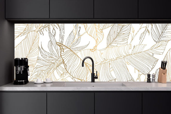 Küchenrückwand - Elegante Goldene Linien Kunst Pflanzenmuster