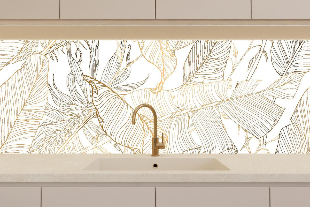 Küchenrückwand - Elegante Goldene Linien Kunst Pflanzenmuster