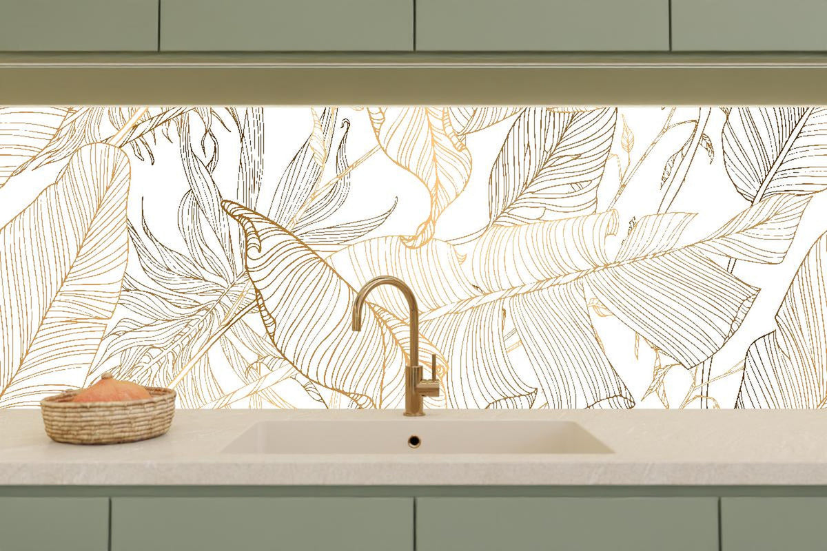 Küchenrückwand - Elegante Goldene Linien Kunst Pflanzenmuster