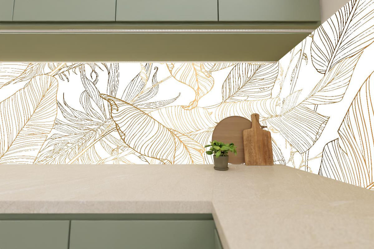 Küchenrückwand - Elegante Goldene Linien Kunst Pflanzenmuster
