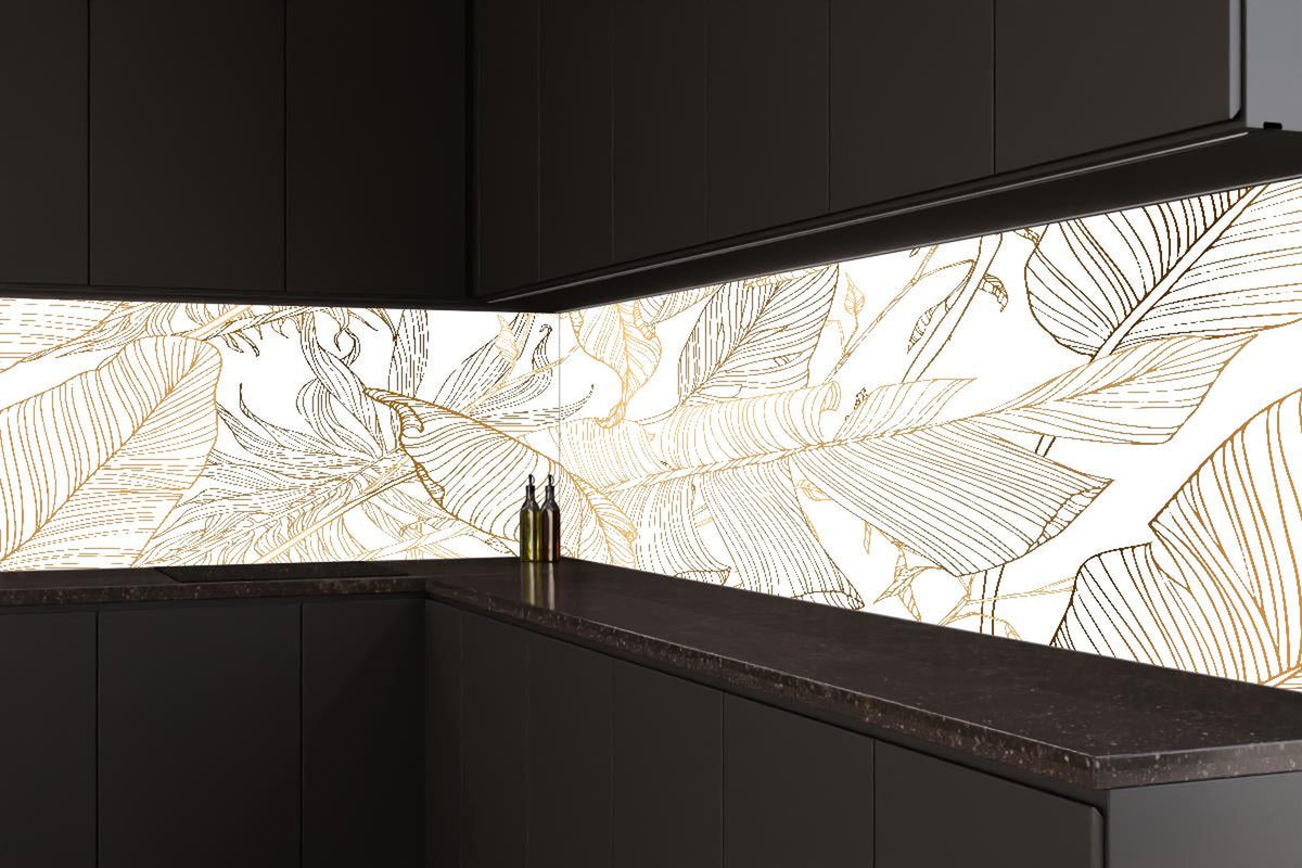 Küchenrückwand - Elegante Goldene Linien Kunst Pflanzenmuster