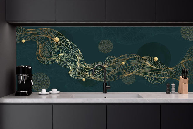 Küchenrückwand - Elegante Goldene Wellen auf Dunkelblau