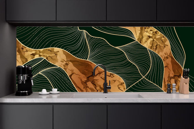 Küchenrückwand - Elegante Konturlinien in Gold und Grün