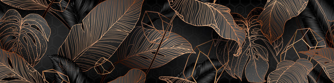 Küchenrückwand - Elegante bronzene Blattlinien auf Schwarz