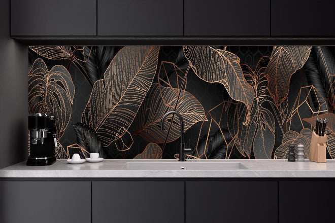 Küchenrückwand - Elegante bronzene Blattlinien auf Schwarz