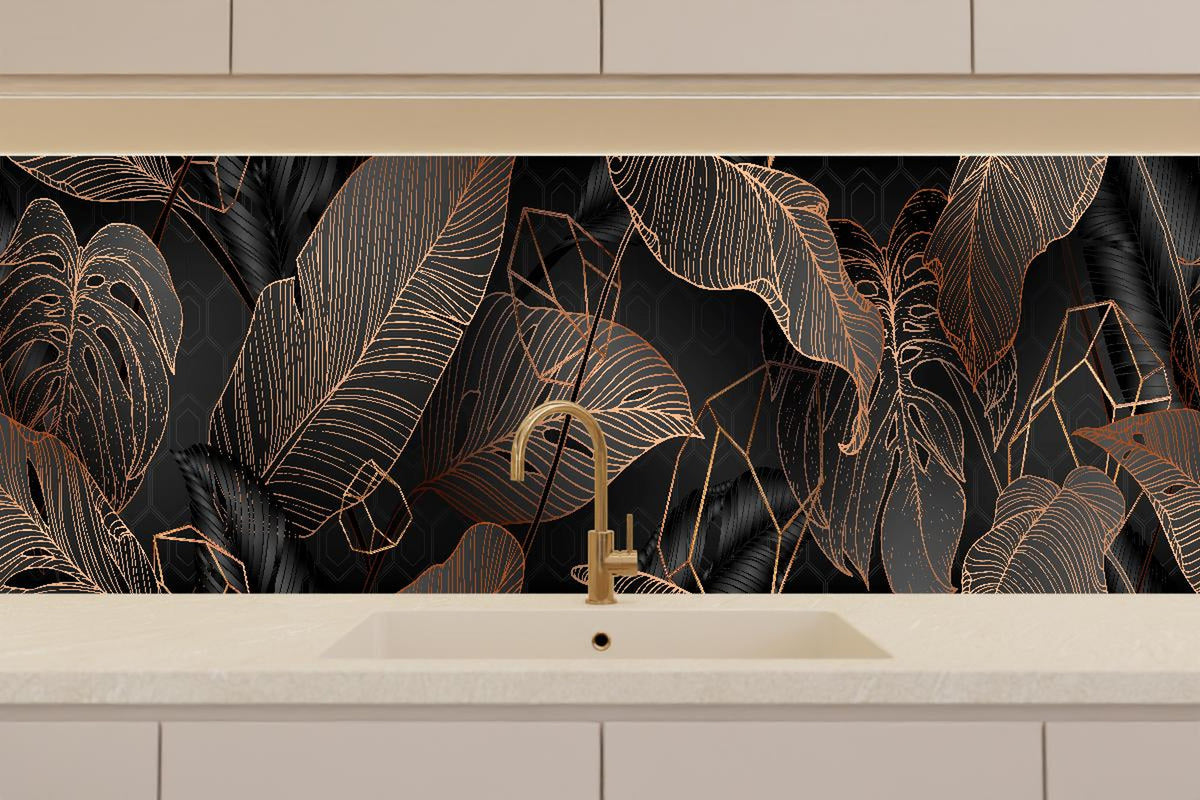 Küchenrückwand - Elegante bronzene Blattlinien auf Schwarz