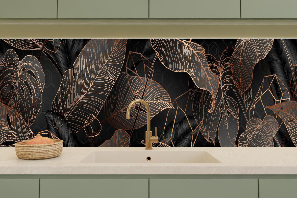 Küchenrückwand - Elegante bronzene Blattlinien auf Schwarz
