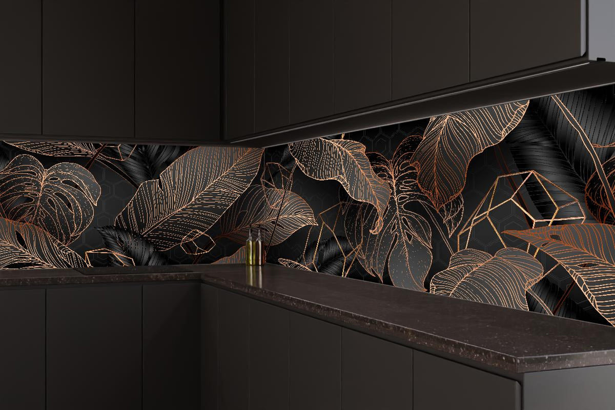 Küchenrückwand - Elegante bronzene Blattlinien auf Schwarz