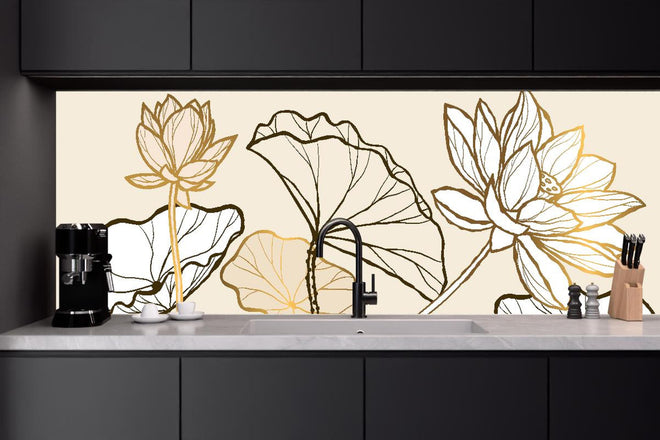 Küchenrückwand - Elegante goldene Linienkunst auf Beige