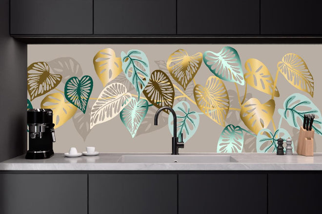 Küchenrückwand - Elegantes Blattmuster in Goldtönen