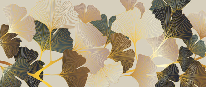 Küchenrückwand - Elegantes Ginkgo-Blattmotiv mit goldfarbenen Akzenten