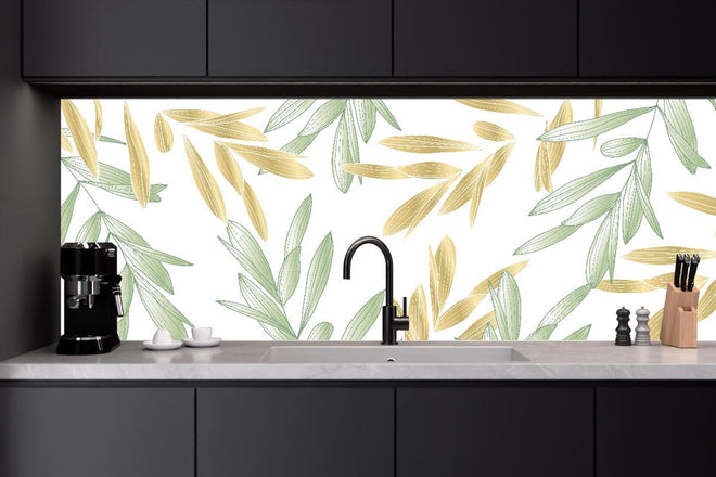 Küchenrückwand - Elegantes Olivenzweig Muster in Grün-Gelb