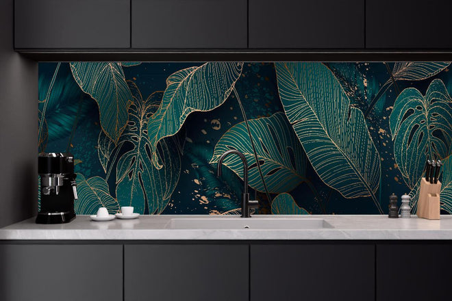Küchenrückwand - Exotisches Blattwerk Design in Dunkelgrün