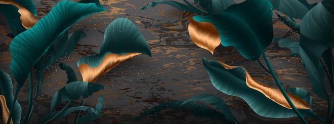 Küchenrückwand - Exotisches Blattwerk mit goldgelben Akzenten