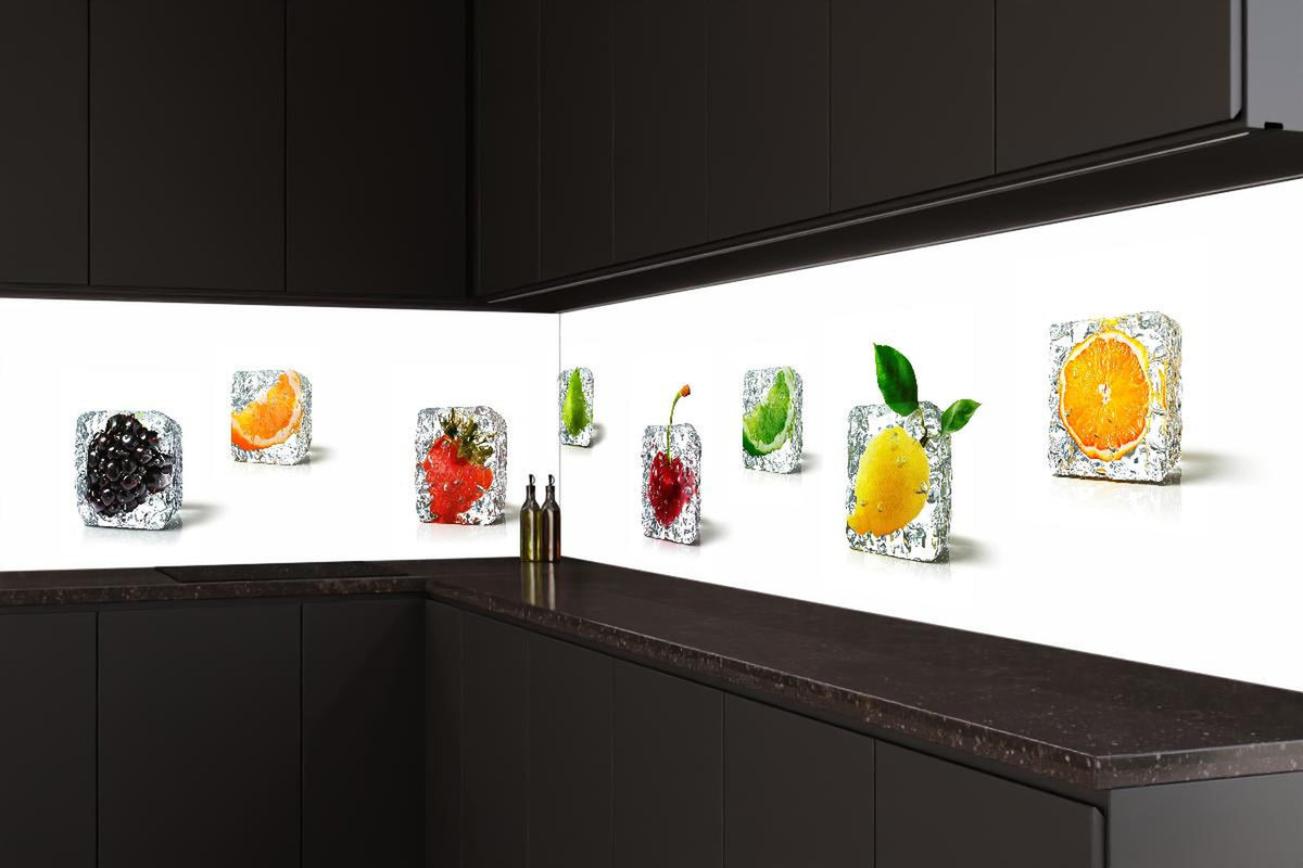 Küchenrückwand - Farbenfrohes Obst-Eiswürfel Dekor