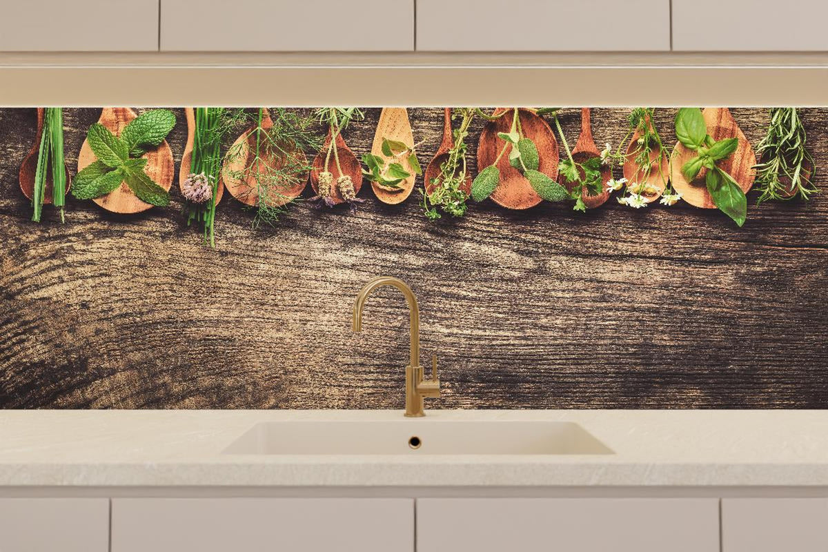 Küchenrückwand - Frische Kräuter auf Holzplatte