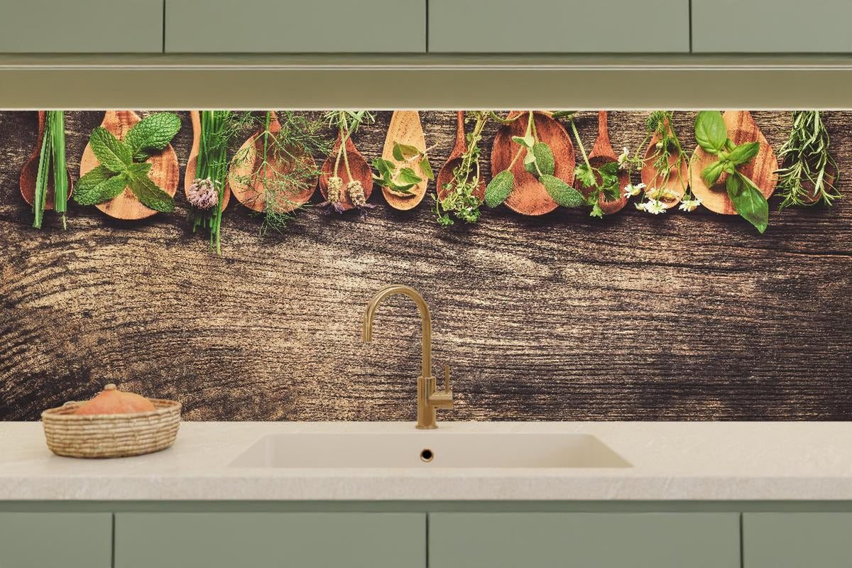 Küchenrückwand - Frische Kräuter auf Holzplatte