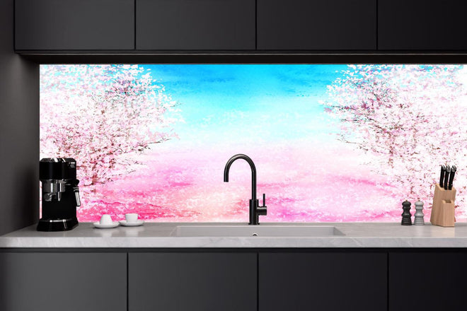 Küchenrückwand - Frühlingsbaum Aquarell Rosa-Blau