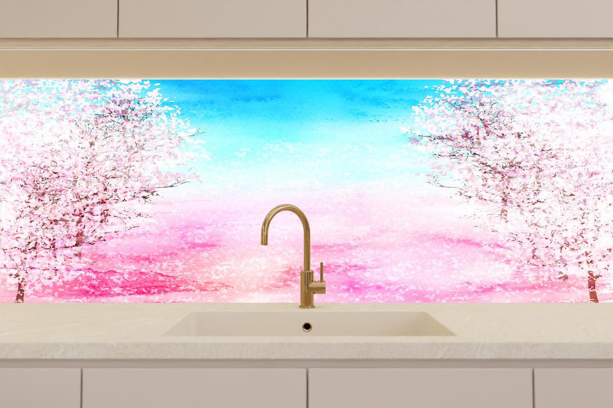 Küchenrückwand - Frühlingsbaum Aquarell Rosa-Blau