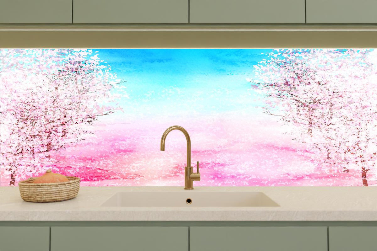 Küchenrückwand - Frühlingsbaum Aquarell Rosa-Blau