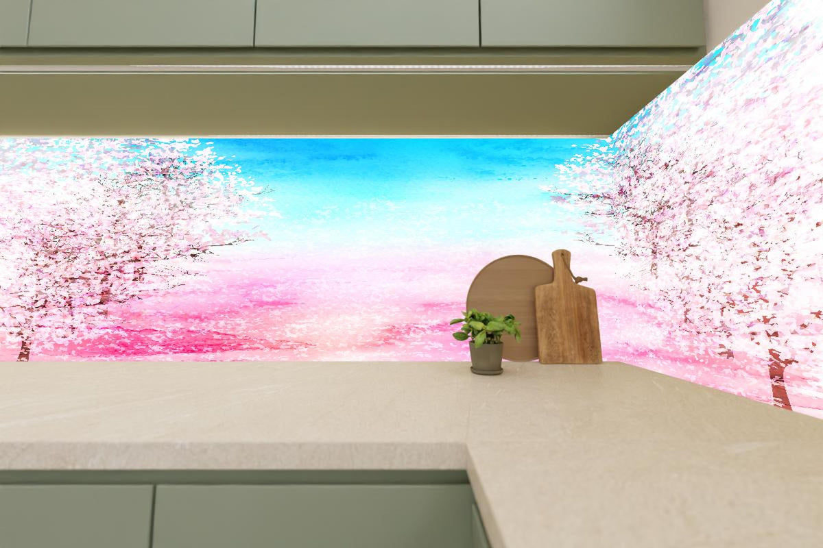 Küchenrückwand - Frühlingsbaum Aquarell Rosa-Blau