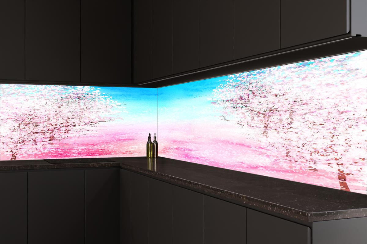 Küchenrückwand - Frühlingsbaum Aquarell Rosa-Blau