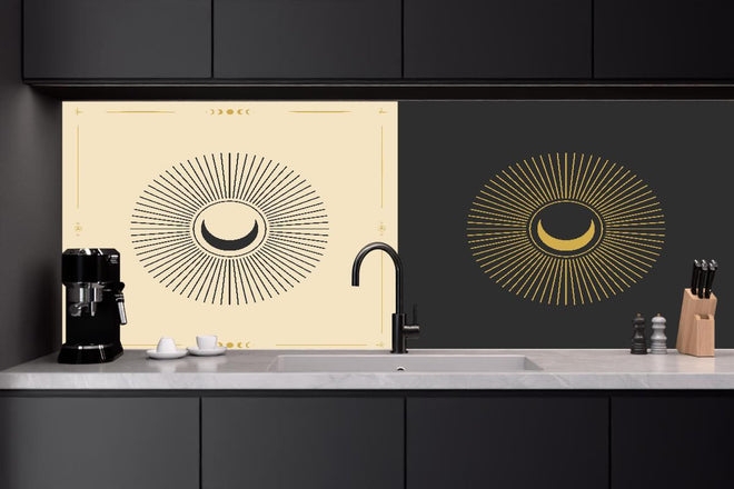 Küchenrückwand - Geometrische Sonnen-Illustration Gold-Schwarz
