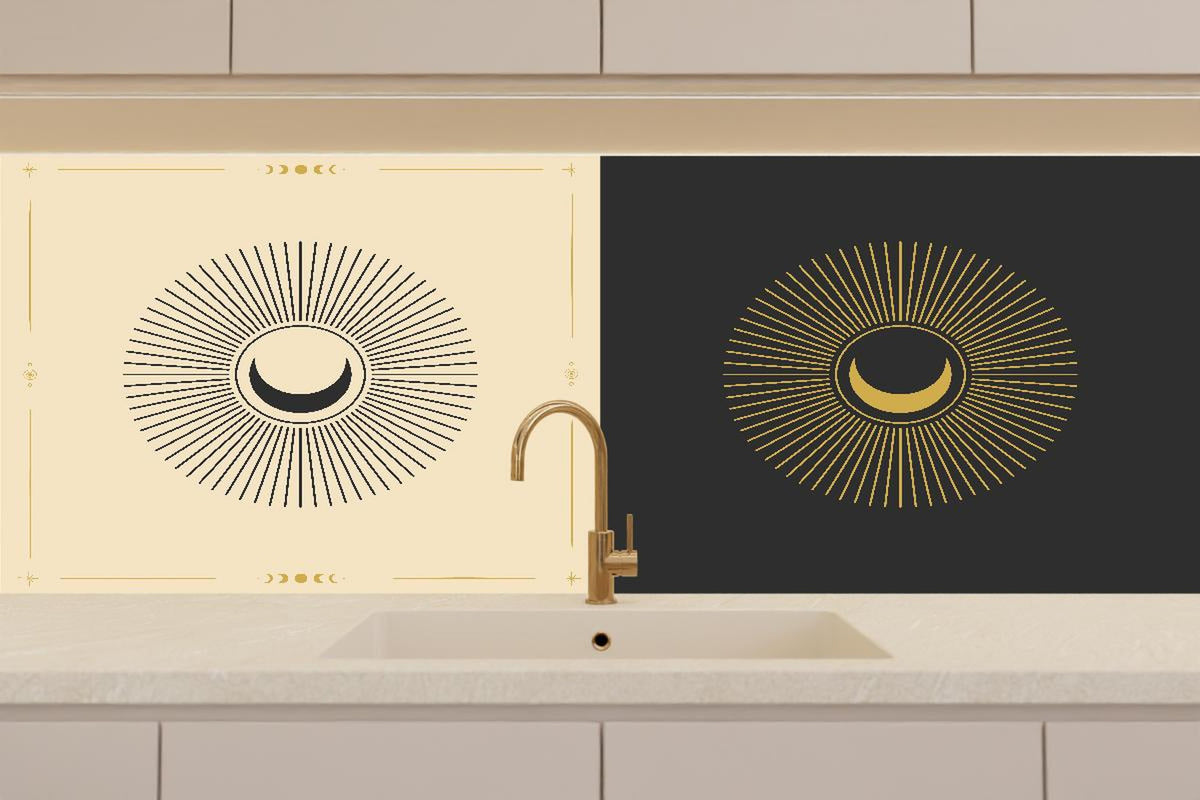 Küchenrückwand - Geometrische Sonnen-Illustration Gold-Schwarz