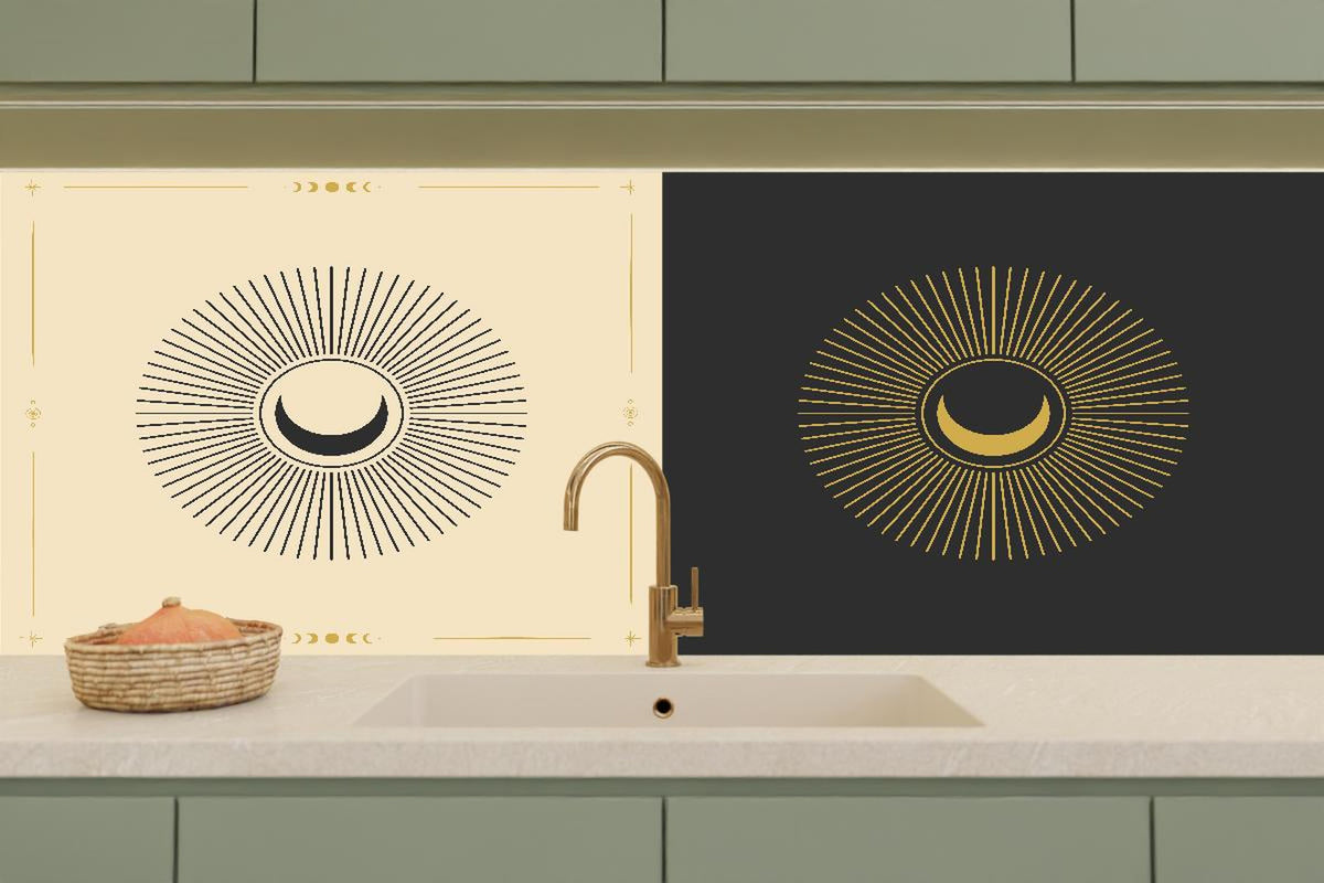 Küchenrückwand - Geometrische Sonnen-Illustration Gold-Schwarz
