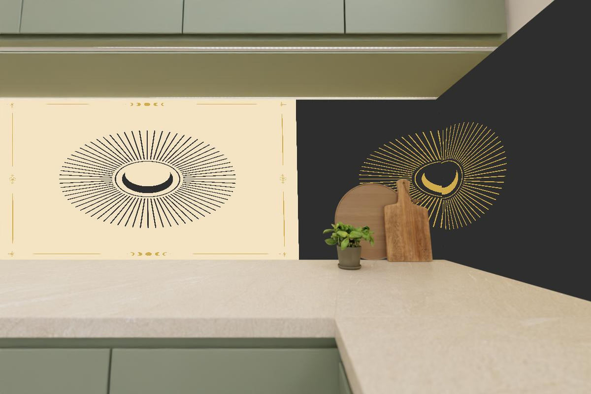 Küchenrückwand - Geometrische Sonnen-Illustration Gold-Schwarz