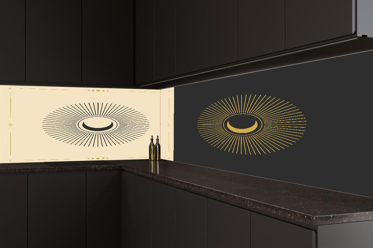 Küchenrückwand - Geometrische Sonnen-Illustration Gold-Schwarz
