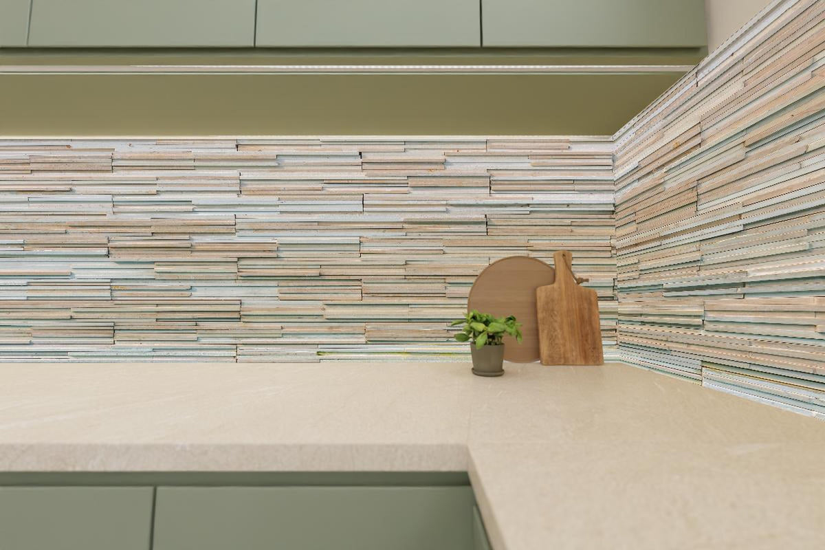 Küchenrückwand - Gestapelte Holzplatten Wandverkleidung Natur Look