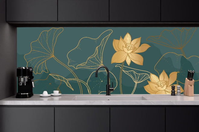 Küchenrückwand - Gold Lotus Kunstwerk mit dunklem Hintergrund