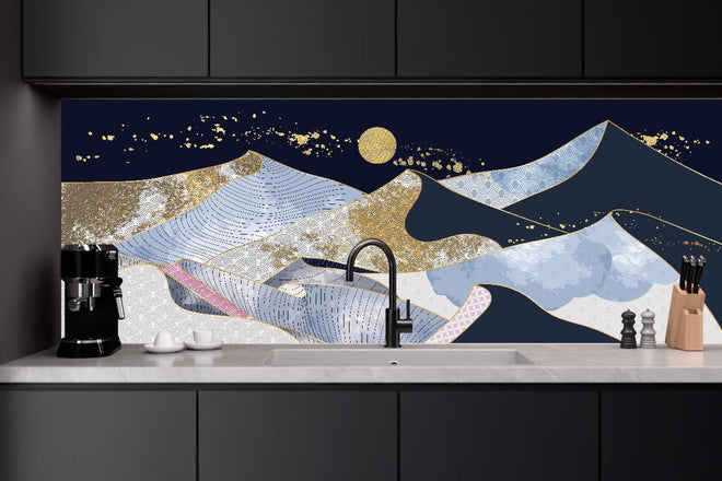 Küchenrückwand - Goldener Mond über blaugrauer Abstraktlandschaft