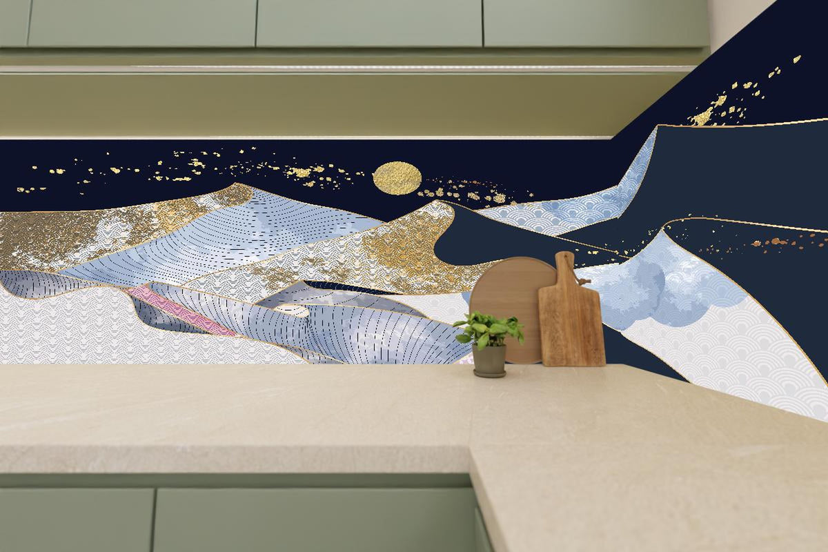Küchenrückwand - Goldener Mond über blaugrauer Abstraktlandschaft