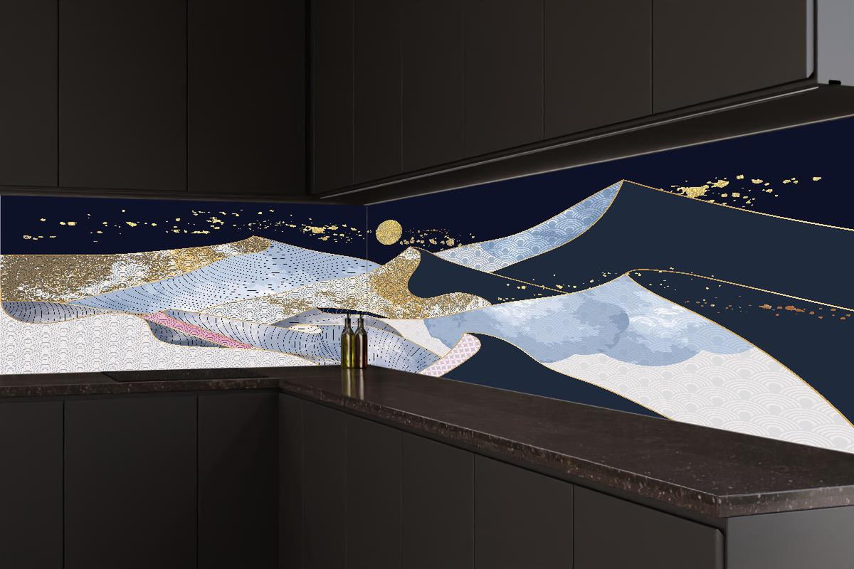 Küchenrückwand - Goldener Mond über blaugrauer Abstraktlandschaft
