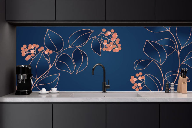 Küchenrückwand - Grafische Blütenmotive in Blau und Orange