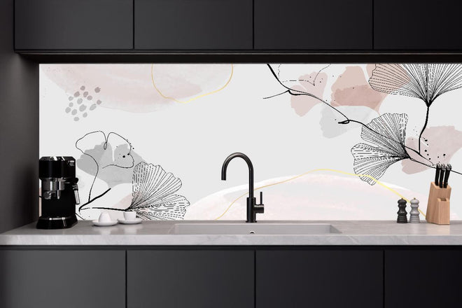 Küchenrückwand - Grau Beige Blättermuster Abstrakte Kunst