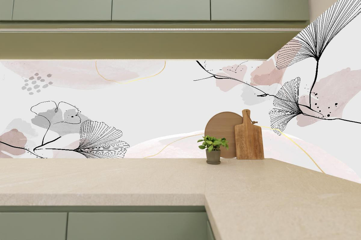 Küchenrückwand - Grau Beige Blättermuster Abstrakte Kunst