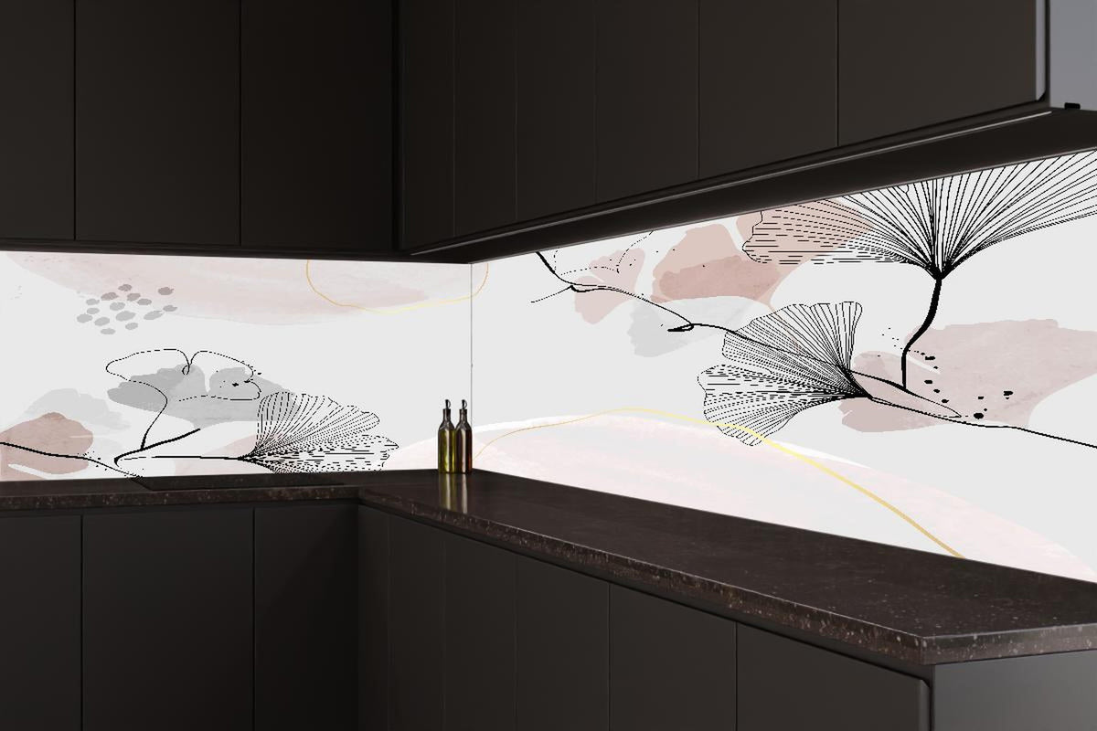 Küchenrückwand - Grau Beige Blättermuster Abstrakte Kunst