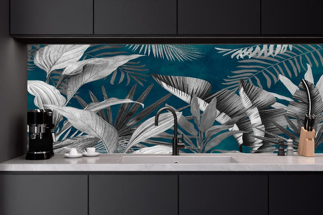 Küchenrückwand - Graue Pflanzen auf blauem Hintergrund